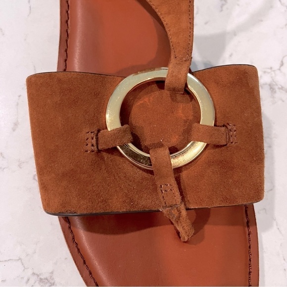 Franco Sarto Lockheart Cognac Suede Gold Ring Ankle Strap Sandal, size 8 - Picture 4 of 14